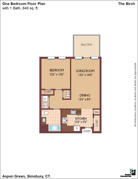 Floor plan for 1 bed, 1 bath, 840 sqft
